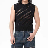 Spring Summer Sexy Mens Hollow Out Tank Tops Solid Fashion Ripped Vest Shirts For Men Leisure Crew Neck Sleeveless Camisole aidase-shop