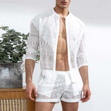 New Arrivals Men Set Summer Sexy See Through Lace Outfits Beach Fashion Short Sleeved Tops And Shorts Mens Two Piece Suits aidase-shop