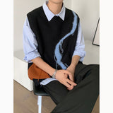 Autumn Sweater Vest Men Fashion Contrast Color V-neck Knitted Pullover Men Korean Loose Sleeveless Sweater Mens Jumper Clothes aidase-shop