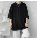 Fashion Line Design Half Sleeve T-shirt for Men Baggy Korean Solid Color Round Neck T Shir Man Summer Tees Tops Brand Clothing aidase-shop