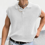 Leisure Solid Knitting Tops Men Sleeveless Buttoned Turn-down Collar Knit Vest Shirts Spring Summer Men's Clothing Fashion aidase-shop