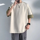 New Summer Suede Men's Casual Loose T-shirt Color Block Korean Trend Y2k Tops Male Round Collar Light Thin Tees aidase-shop