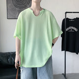 Summer Short-sleeved T-shirt Men Fashion Casual Oversized V-neck T-shirt Men Streetwear Loose Ice Silk Tshirt Mens Top M-2XL aidase-shop