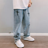 New Embroidered Jeans Men Straight Loose Wide-leg Pants Spring and Autumn Korean Fashion High Street Hip Hop Style Male Trousers aidase-shop