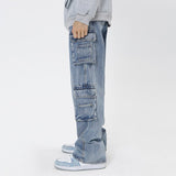 New Cargo Jeans Men's Baggy Straight American Hip Hop Denim Wide Leg Blue Pants Man Street Y2k Large Pocket Work Trousers aidase-shop