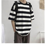 Summer Striped Short-sleeved T-shirt Men Korean Trend Hong Kong Style Letter Printing Lovers Loose Fifth Sleeve Preppy Top aidase-shop