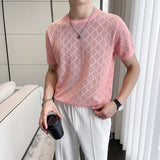 Summer Short-sleeved T-shirt Men Slim Fit Fashion Casual Plaid Tshirt Men British Style Casual O-Neck Ice Silk T Shirt Men Tops aidase-shop