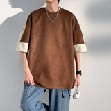 New Summer Suede Men's Casual Loose T-shirt Color Block Korean Trend Y2k Tops Male Round Collar Light Thin Tees aidase-shop