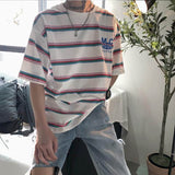 Summer Striped Short-sleeved T-shirt Men Korean Trend Hong Kong Style Letter Printing Lovers Loose Fifth Sleeve Preppy Top aidase-shop