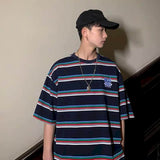 Summer Striped Short-sleeved T-shirt Men Korean Trend Hong Kong Style Letter Printing Lovers Loose Fifth Sleeve Preppy Top aidase-shop