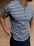 Casual Mens Striped T-shirts Summer Slim Fit Short Sleeve Pullover Tops New Fashion Zipper O-Neck Tee Shirts Men Streetwear aidase-shop