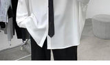 Black Long-sleeved Shirts Men Korean Comfortable Blouses Casual Loose Single Breasted Shirt With Tie aidase-shop