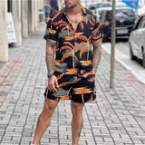 Vintage Geometric Printed Loose Suits Men 2023 Summer Short Sleeve Lapel Shirts And Shorts Two Piece Sets Mens Clothes Leisure aidase-shop