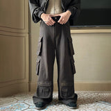 New Vintage Male Cargo Pants Trendy High Street Multi Pocket Washed Wid-Leg Straight Trousers Spring Fashion aidase-shop