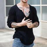 Spring Long Sleeve V Neck Slim Casual Pullover Tops Men Vintage Solid Color Knitting T-shirts Mens Fashion Tees Streetwear aidase-shop