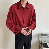 Long sleeve shirt men Double Collar Ice Silk Shirt Men Vintage Wine Red Shirts Men Korean Comfortable Blouse Casual Loose Shirt aidase-shop