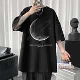 Simple Stroke Moon Graphic Men Tshirt Oversize Letter Print Short Sleeve T-shirt Cotton Male Streetwear Unisex Basic Tops