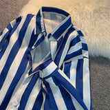 Blue white striped shirt women's spring autumn loose retro classical blouse niche designer long-sleeved shirts men elegant wear aidase-shop