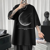 Simple Stroke Moon Graphic Men Tshirt Oversize Letter Print Short Sleeve T-shirt Cotton Male Streetwear Unisex Basic Tops aidase-shop