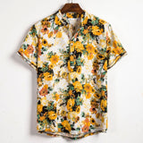 Linen Short Sleeve Shirt Men Summer Floral Loose Baggy Casual Hawaii Holiday Beach Shirt Tee Tops Buttons Blouse National Style aidase-shop