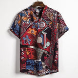 Linen Short Sleeve Shirt Men Summer Floral Loose Baggy Casual Hawaii Holiday Beach Shirt Tee Tops Buttons Blouse National Style aidase-shop