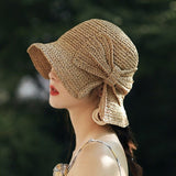 Parent-child 100%Raffia Bow Sun Hat Wide Brim Floppy Summer Hats For Women Beach Panama Straw Dome Bucket Hat Femme Shade Hat aidase-shop