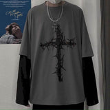 T-shirt Cross of Thorns fake two-piece for men women long-sleeved dark hip-hop loose large size autumn new trend top Simplicity aidase-shop