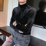 New Autumn Long Sleeve T Shirts Men Fashion Men Clothes 2021 Velvet Stretched Turtleneck Slim Fit All Match Solid Men T-Shirts aidase-shop