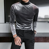 New Autumn Long Sleeve T Shirts Men Fashion Men Clothes 2021 Velvet Stretched Turtleneck Slim Fit All Match Solid Men T-Shirts aidase-shop