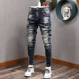 Fashion Streetwear Men Jeans Slim Fit Elastic Destroyed Ripped Denim Trousers Painted Spliced Designer Hip Hop Punk Biker Pants aidase-shop