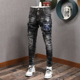 Fashion Streetwear Men Jeans Slim Fit Elastic Destroyed Ripped Denim Trousers Painted Spliced Designer Hip Hop Punk Biker Pants aidase-shop