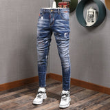 Fashion Streetwear Men Jeans Slim Fit Elastic Destroyed Ripped Denim Trousers Painted Spliced Designer Hip Hop Punk Biker Pants aidase-shop