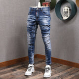 Fashion Streetwear Men Jeans Slim Fit Elastic Destroyed Ripped Denim Trousers Painted Spliced Designer Hip Hop Punk Biker Pants aidase-shop