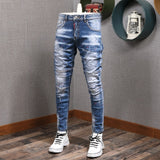 Fashion Streetwear Men Jeans Slim Fit Elastic Destroyed Ripped Denim Trousers Painted Spliced Designer Hip Hop Punk Biker Pants aidase-shop