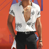 90s Vintage Print Men Lapel Shirts New Casual Summer Loose Short Sleeve Button Shirt Tops Mens Clothing Fashion Streetwear aidase-shop