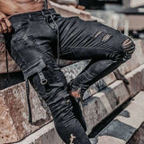 Men Jeans Drawstring High Waist Desighner Jean Pants Autumn Mens Clothing Biker Straight Denim Washed Hole Pant Trousers Black aidase-shop