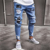 Skinny ripped jeans men Pants Pencil Biker Side Striped Jeans Destroyed Hole Hip Hop Slim Fit Man Stretchy Jean Print aidase-shop