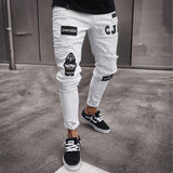 Skinny ripped jeans men Pants Pencil Biker Side Striped Jeans Destroyed Hole Hip Hop Slim Fit Man Stretchy Jean Print aidase-shop