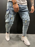 Skinny ripped jeans men Pants Pencil Biker Side Striped Jeans Destroyed Hole Hip Hop Slim Fit Man Stretchy Jean Print aidase-shop