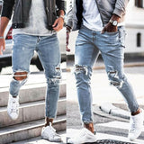 Skinny ripped jeans men Pants Pencil Biker Side Striped Jeans Destroyed Hole Hip Hop Slim Fit Man Stretchy Jean Print aidase-shop